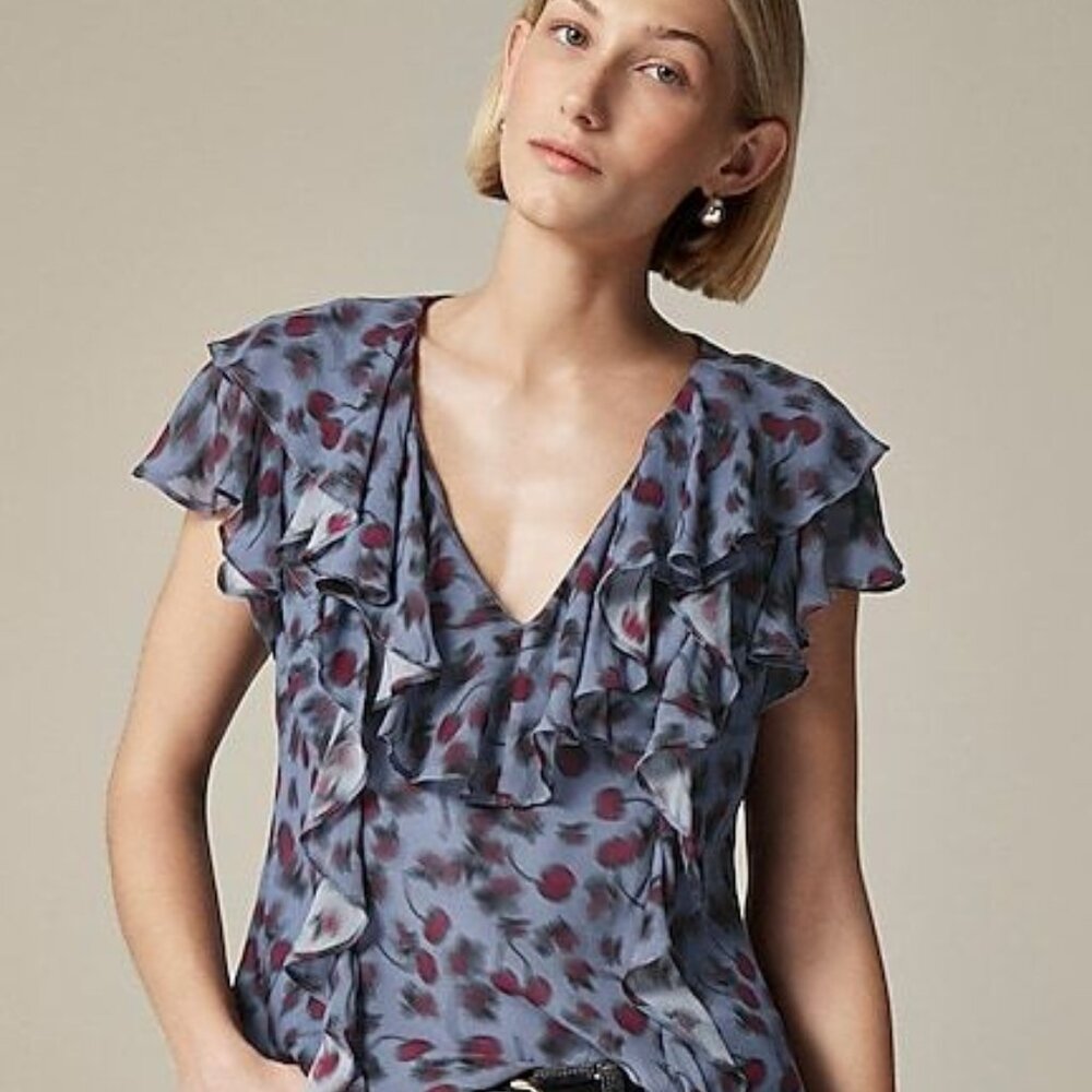 J. Crew Ruffled Chiffon Cap Sleeve Blouse Blue Grey with Cherry Print Size XS - Picture 2 of 10